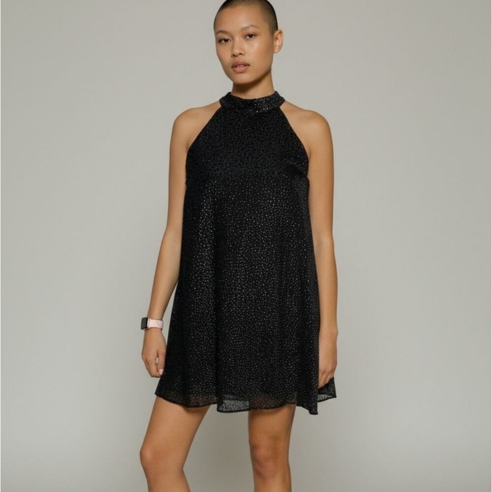 Zara Trafaluc Dobby Black and Gold Dots Halter Keyhole Back Dress